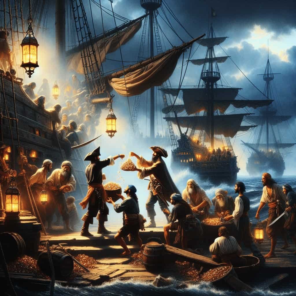 Rich detailed scene of pirates exchanging treasure on a bustling ship deck with sailing ships in the background under stormy skies, emphasizing adventure and maritime history.