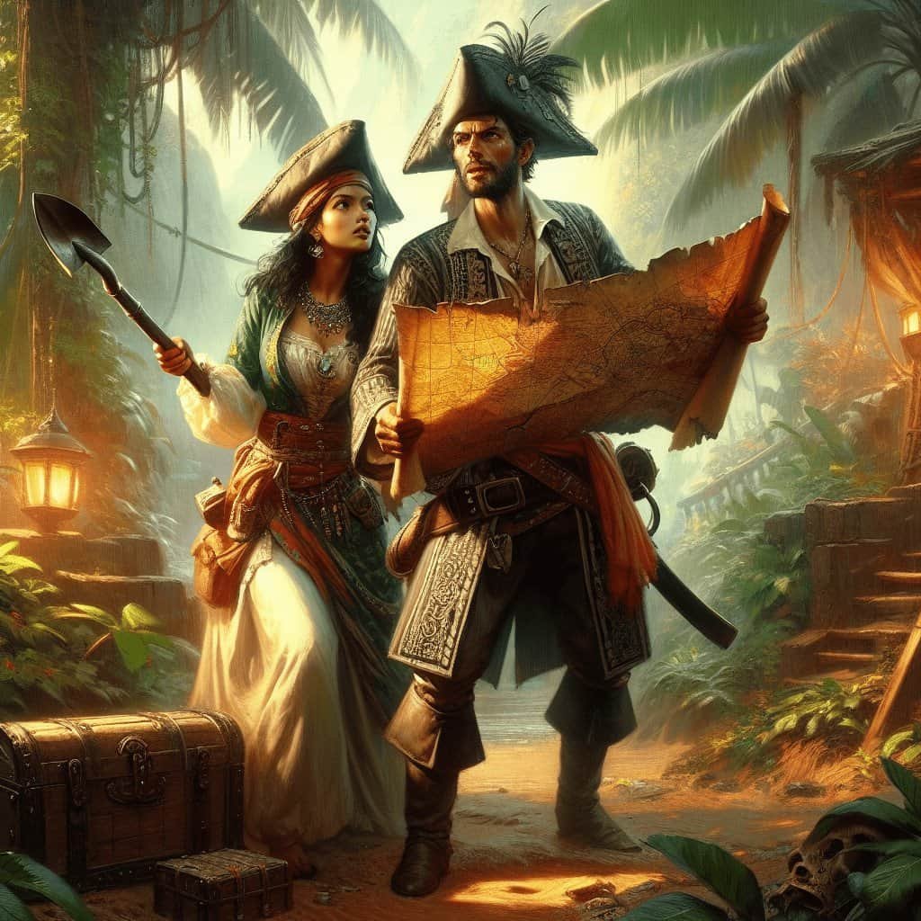 Treasure map with pirates in jungle, adventure, hidden loot, Caribbean, pirate ship, gold coins, tropical setting, Buccaneer Blog, nautical exploration.