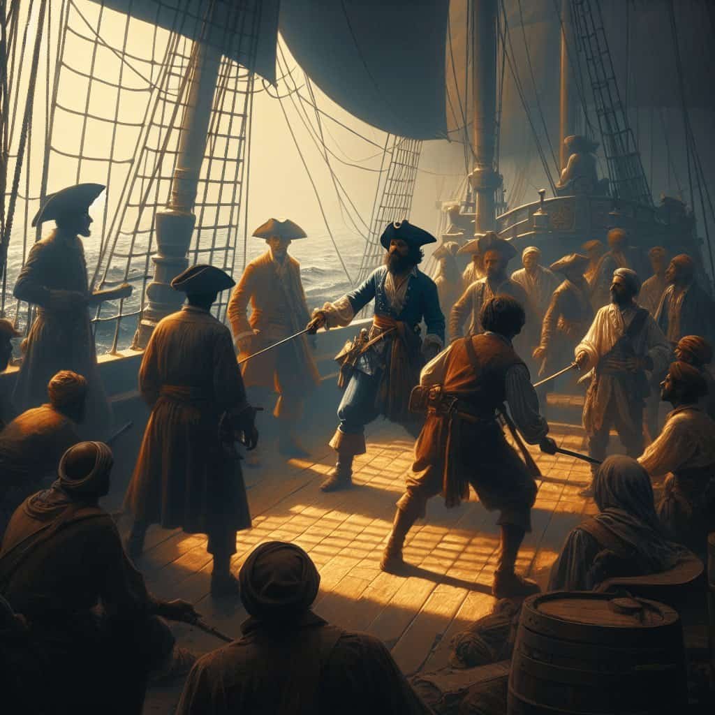 Pirate crew engaging in a battle onboard a historic sailing ship during the Age of Sail. Focused on maritime adventures, piracy, and nautical history with a dramatic sunset backdrop.
