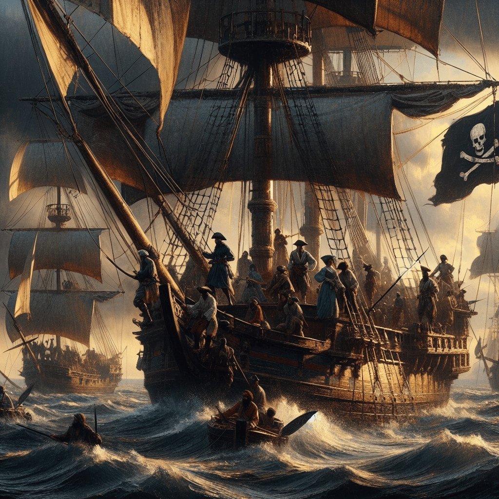 A detailed scene of pirates sailing on a large ship with billowing sails and a Jolly Roger flag, showcasing a historic maritime adventure on turbulent ocean waves. Ideal for maritime history and piracy topics.