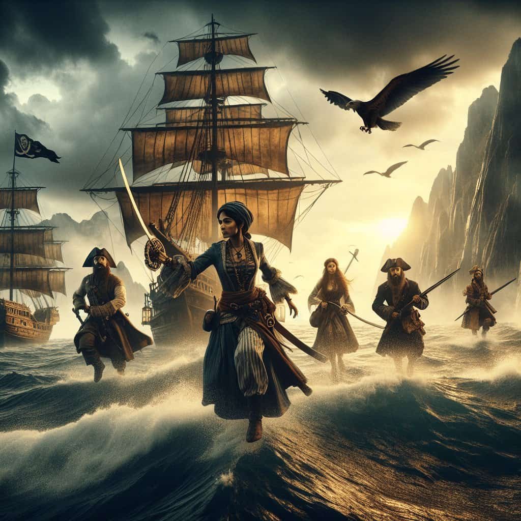 Pirates sailing on the high seas with ships and crew, adventure, treasure hunt, historical pirates, pirate flags, stormy ocean, adventure fiction, Buccaneer Blog imagery, maritime adventure, seafaring pirates.