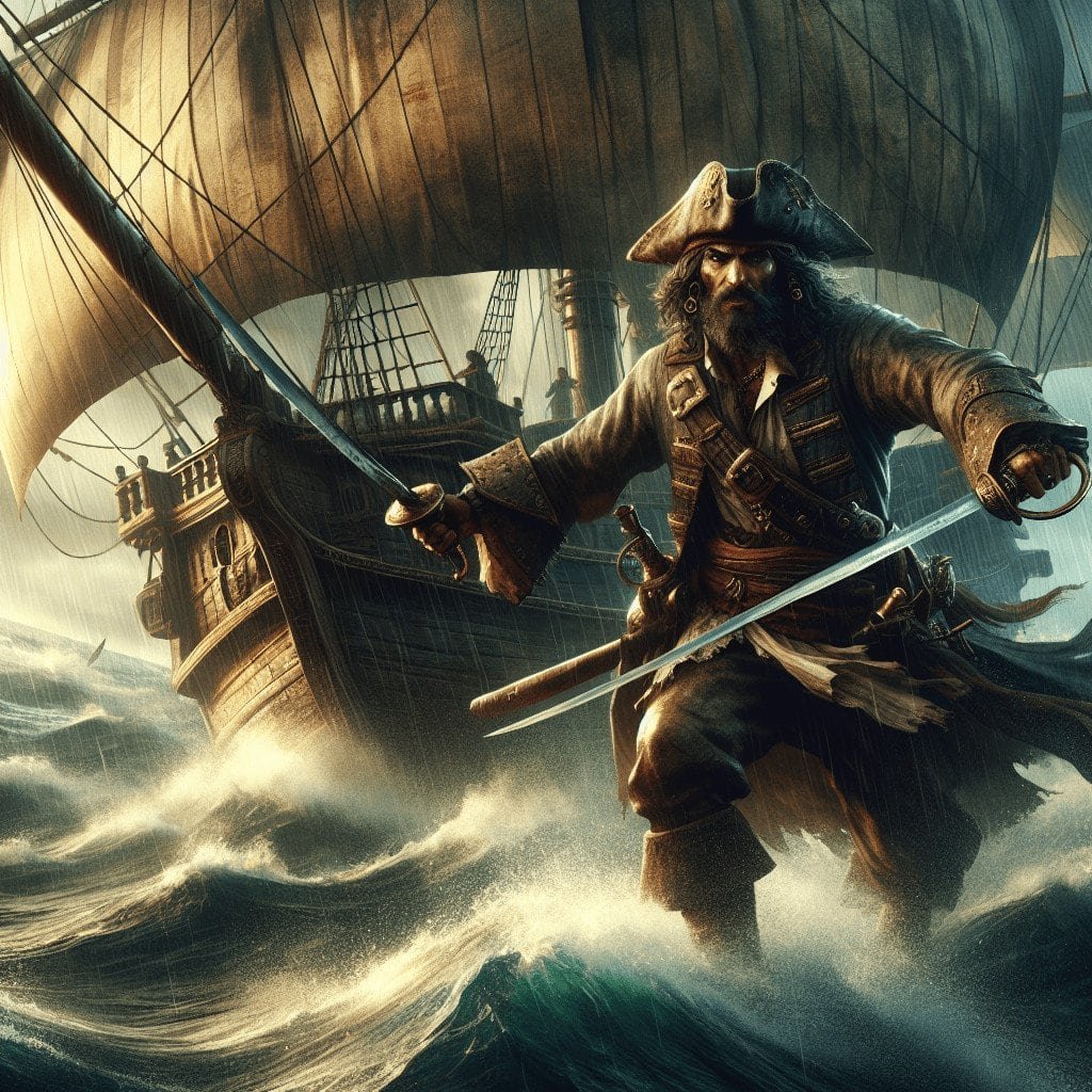 Vivid image of a fierce pirate captain wielding a cutlass on stormy seas with a historic sailing ship in the background, capturing the adventurous spirit of buccaneers.