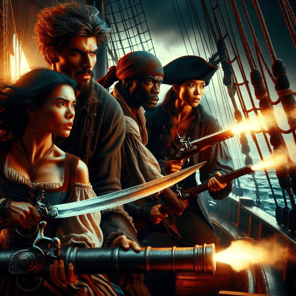 Blonde woman and diverse crew of pirates on ship firing cannons during battle, adventure, high seas pirate scene, film lighting, intense focus, historical maritime setting, Buccaneer Blog image.