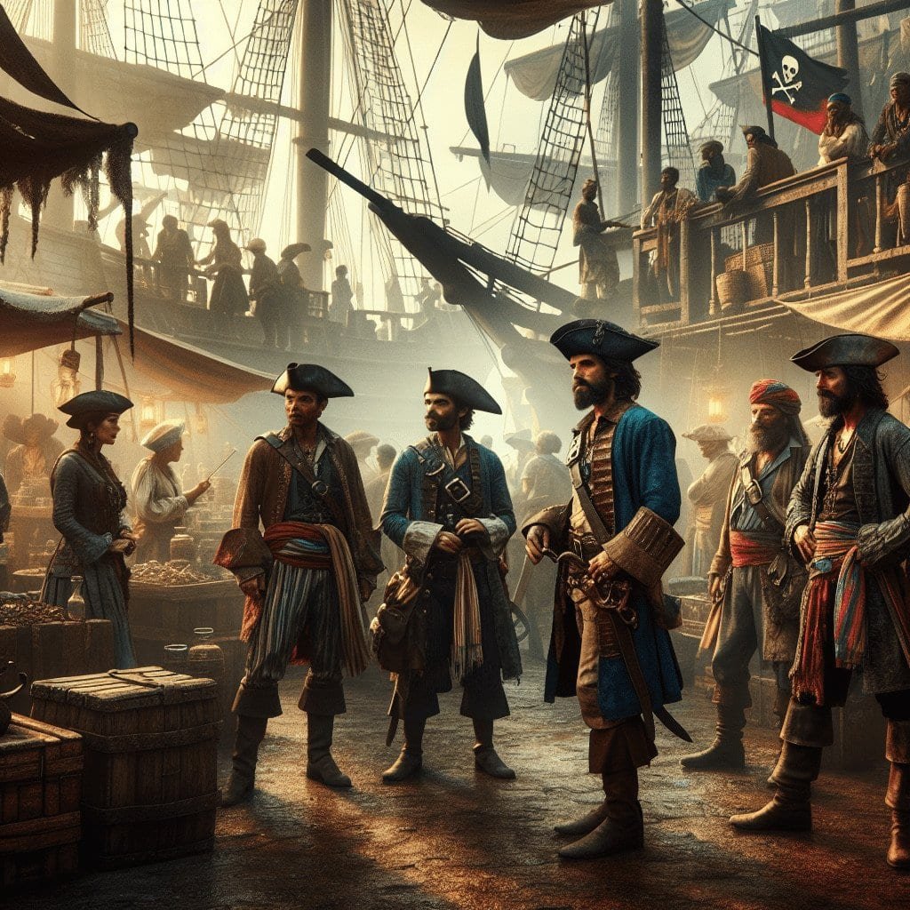 Pirates on the bustling dock with ships and sails in the background, dressed in classic 18th-century attire, capturing the adventurous spirit of the golden age of piracy for Buccaneer Blog.