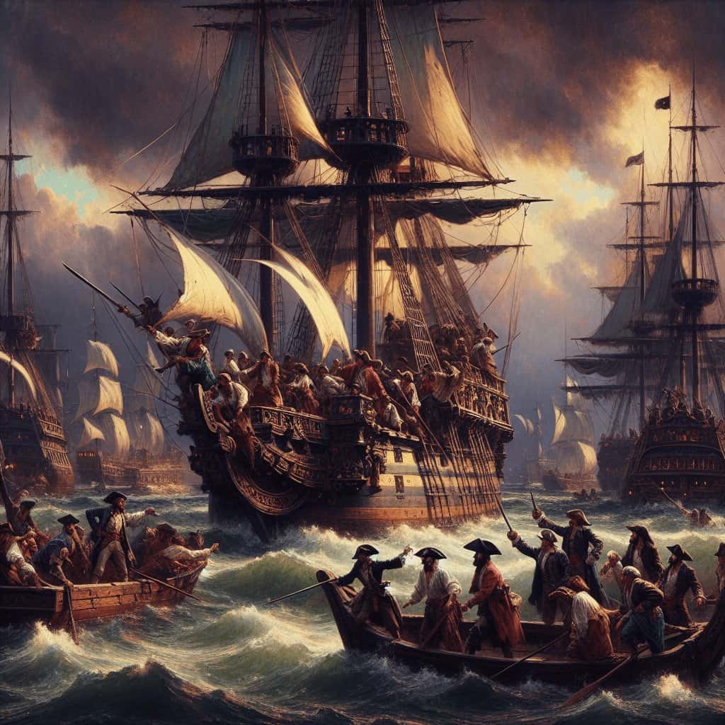 Majestic 17th-century pirate ships engaging in a naval battle on turbulent seas, with sailors fighting fiercely on rowboats, capturing the adventurous and daring spirit of piracy.