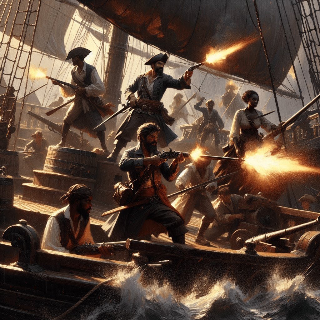 Cannons firing and pirates engaging in battle on a historic sailing ship during a naval fight with dramatic lighting.