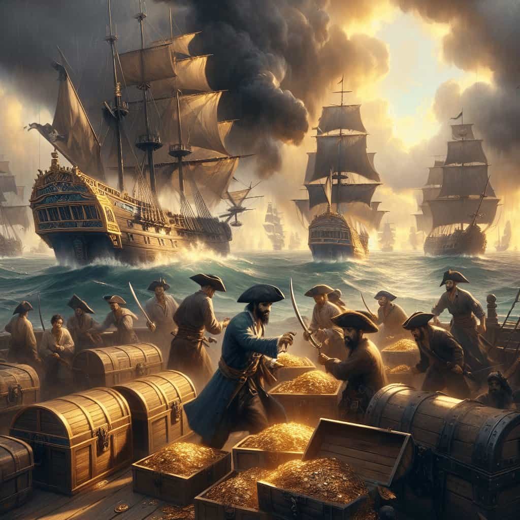 Treasure pirates loading chests of gold onto ship amidst naval battle with warships on stormy sea.